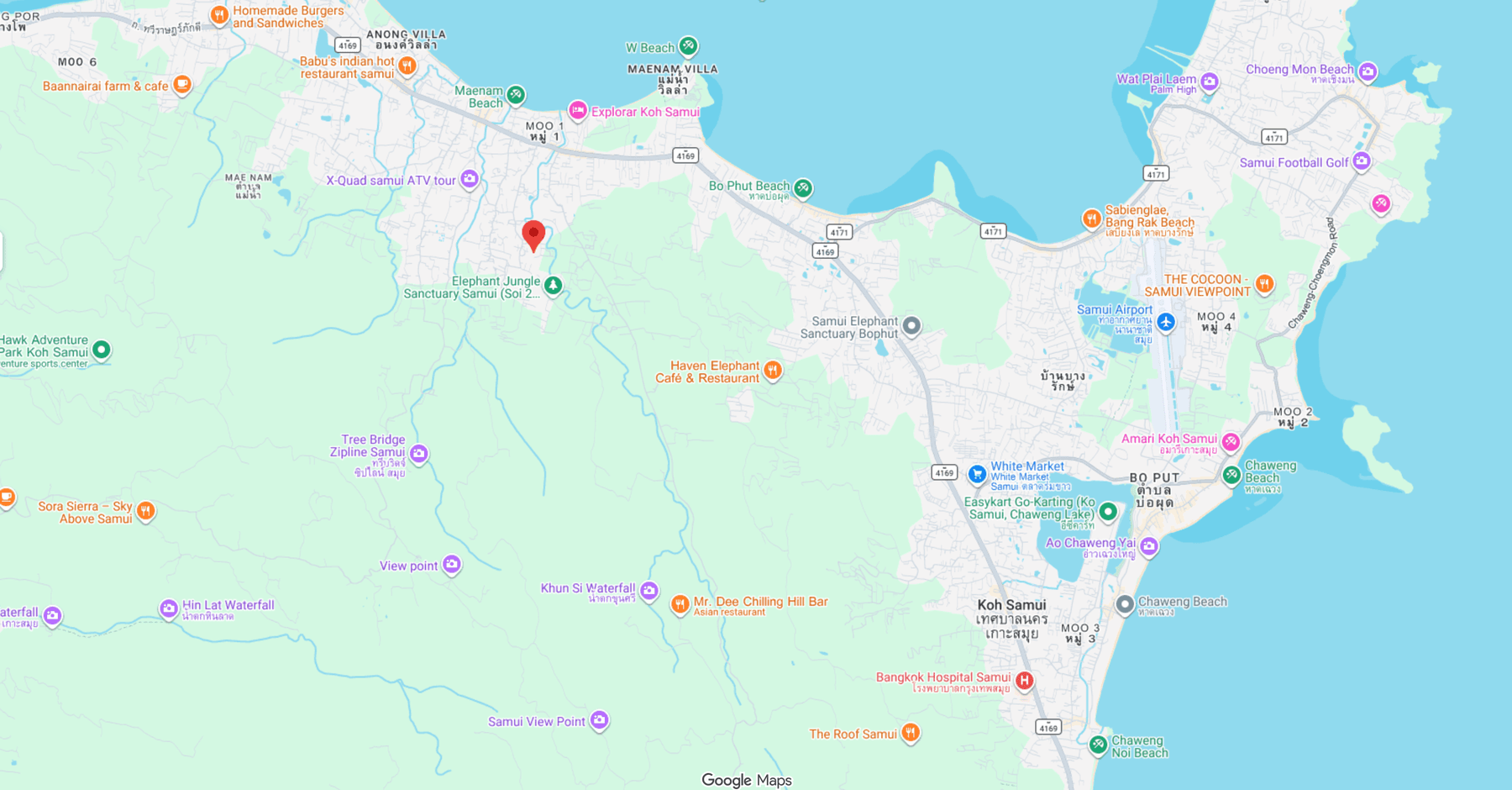 Mapa północnego Koh Samui z pinem Baan Dao Residence