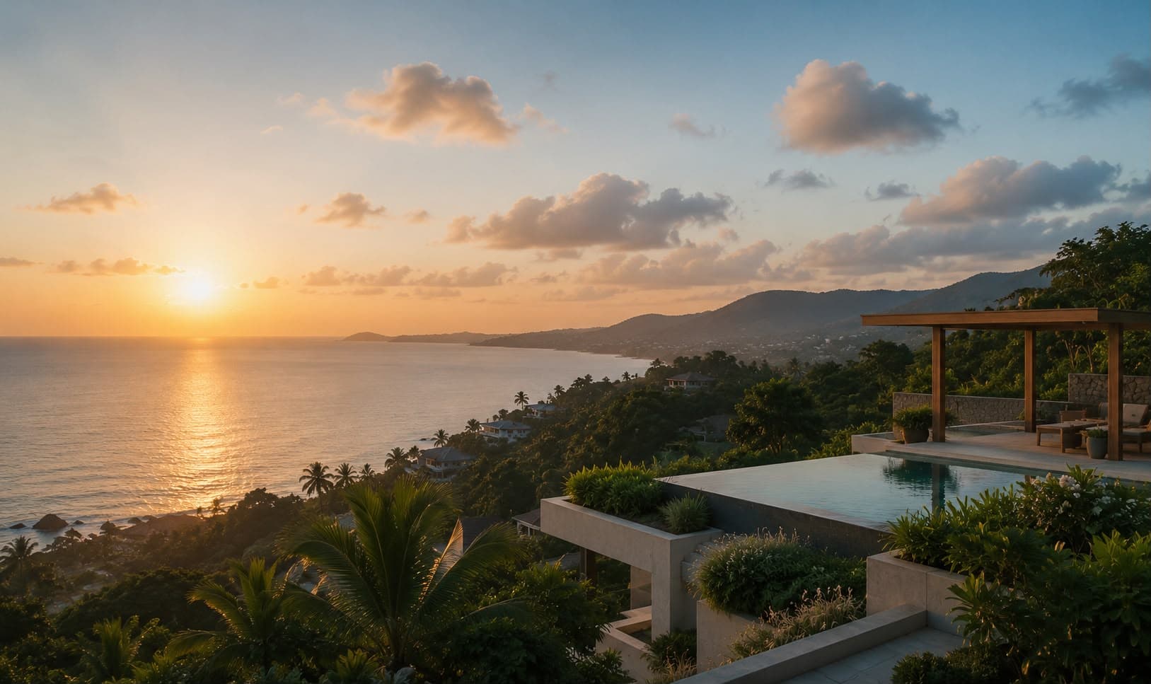 Sunset over the sea seen from a villa terrace with an infinity pool