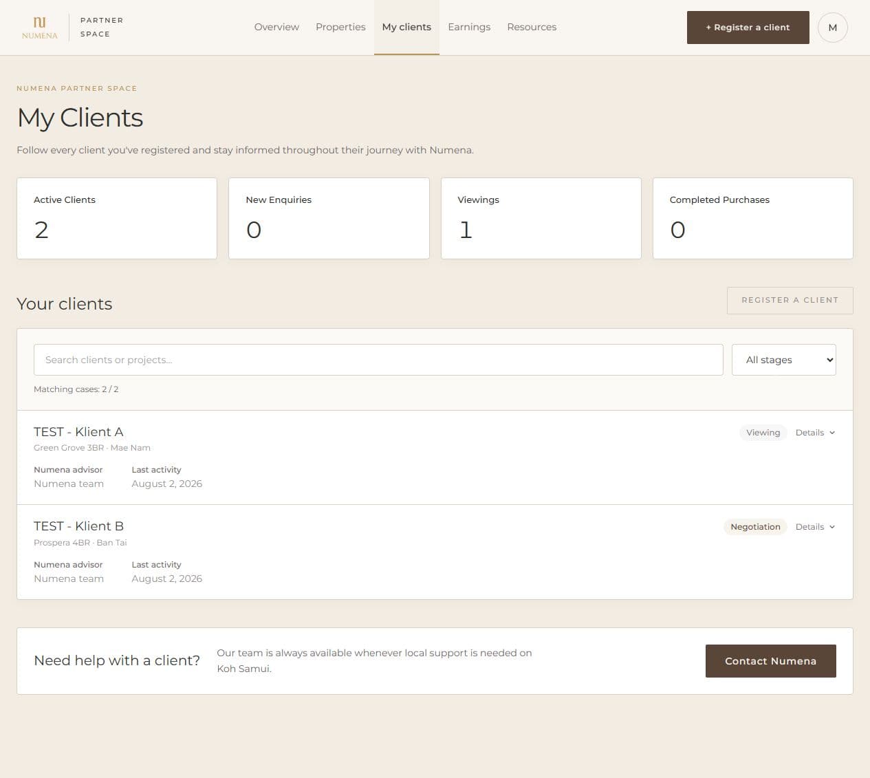 The actual Numena Partner Space: My Clients view with stage filtering and two test clients.