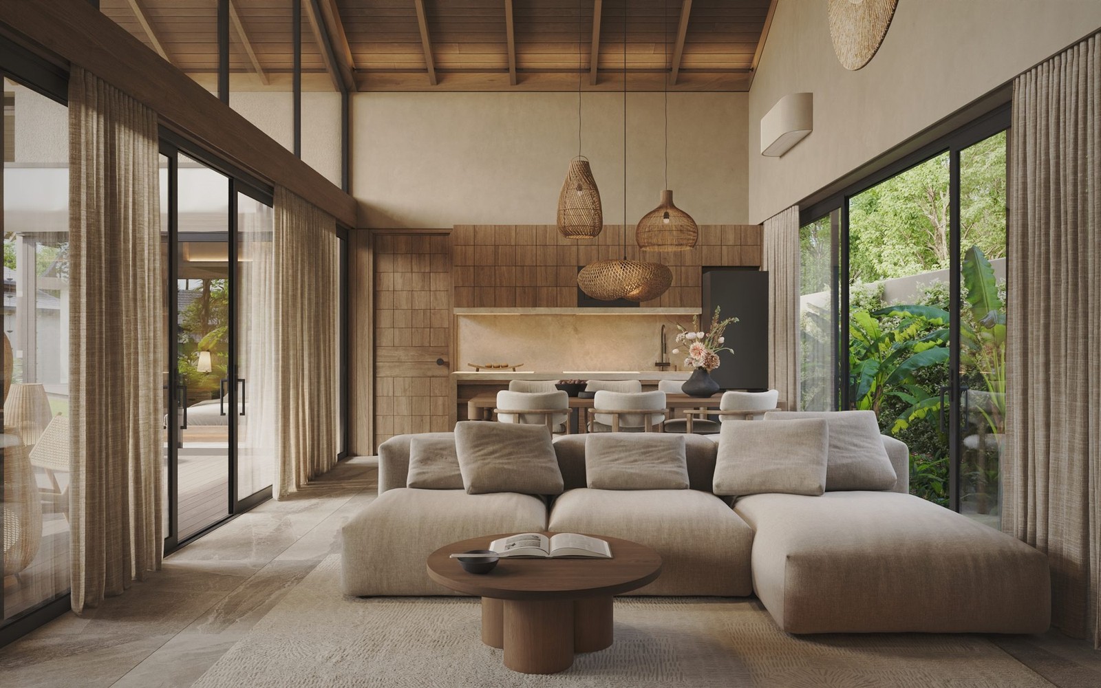 Living and dining area beneath a high timber roof