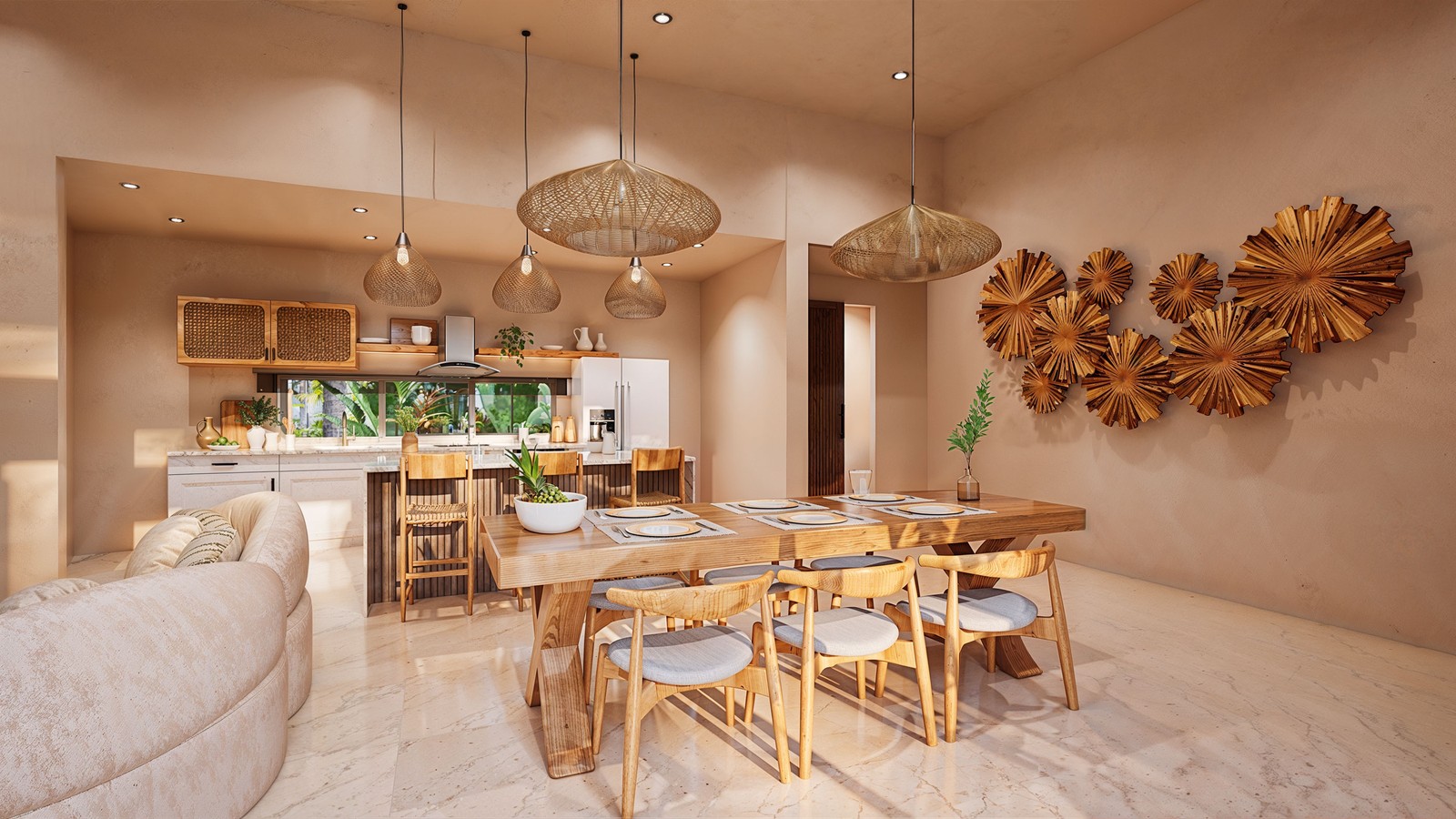 Open living area with dining space and kitchen