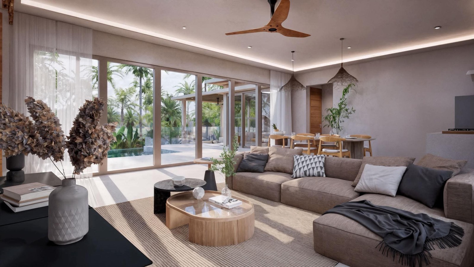 Living room with open dining space and terrace access