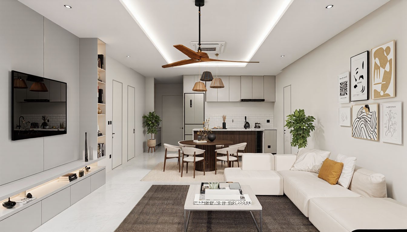 Living room with dining space and kitchen beyond