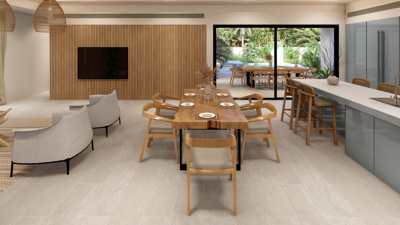 Living and dining area with kitchen and outdoor access