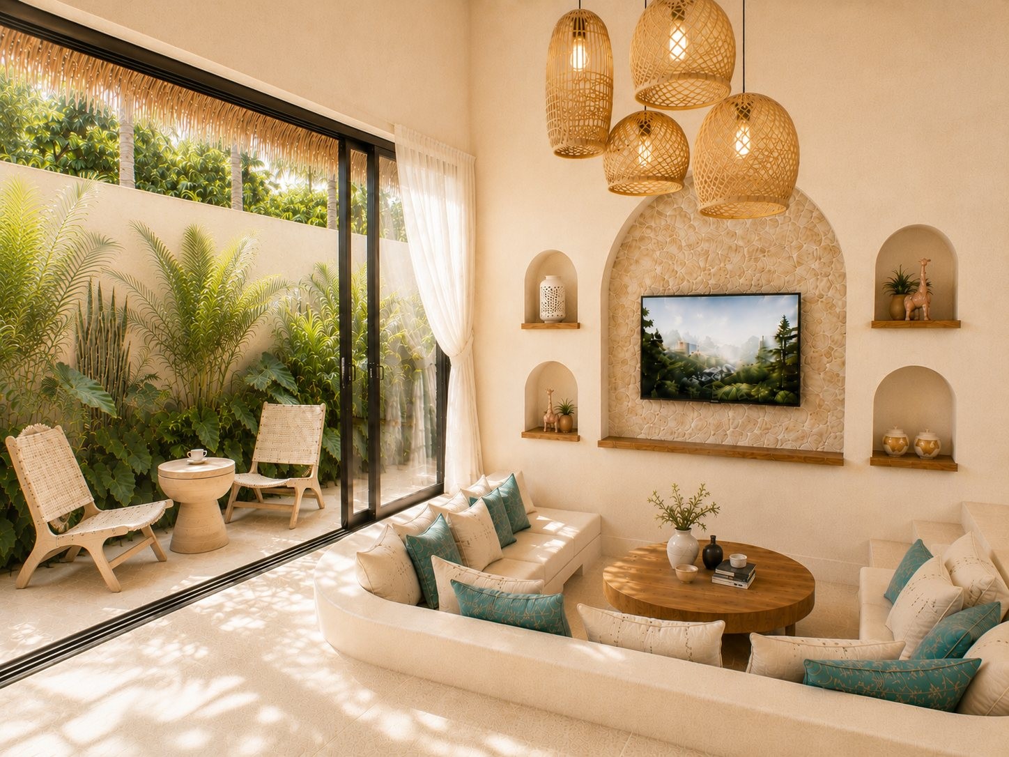 Living room with sunken seating and full-height glazing